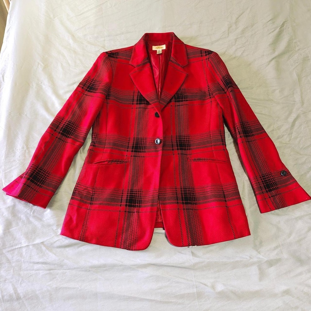 Vintage Talbots Red Plaid 100% Wool Blazer Jacket Made in USA Size 8
